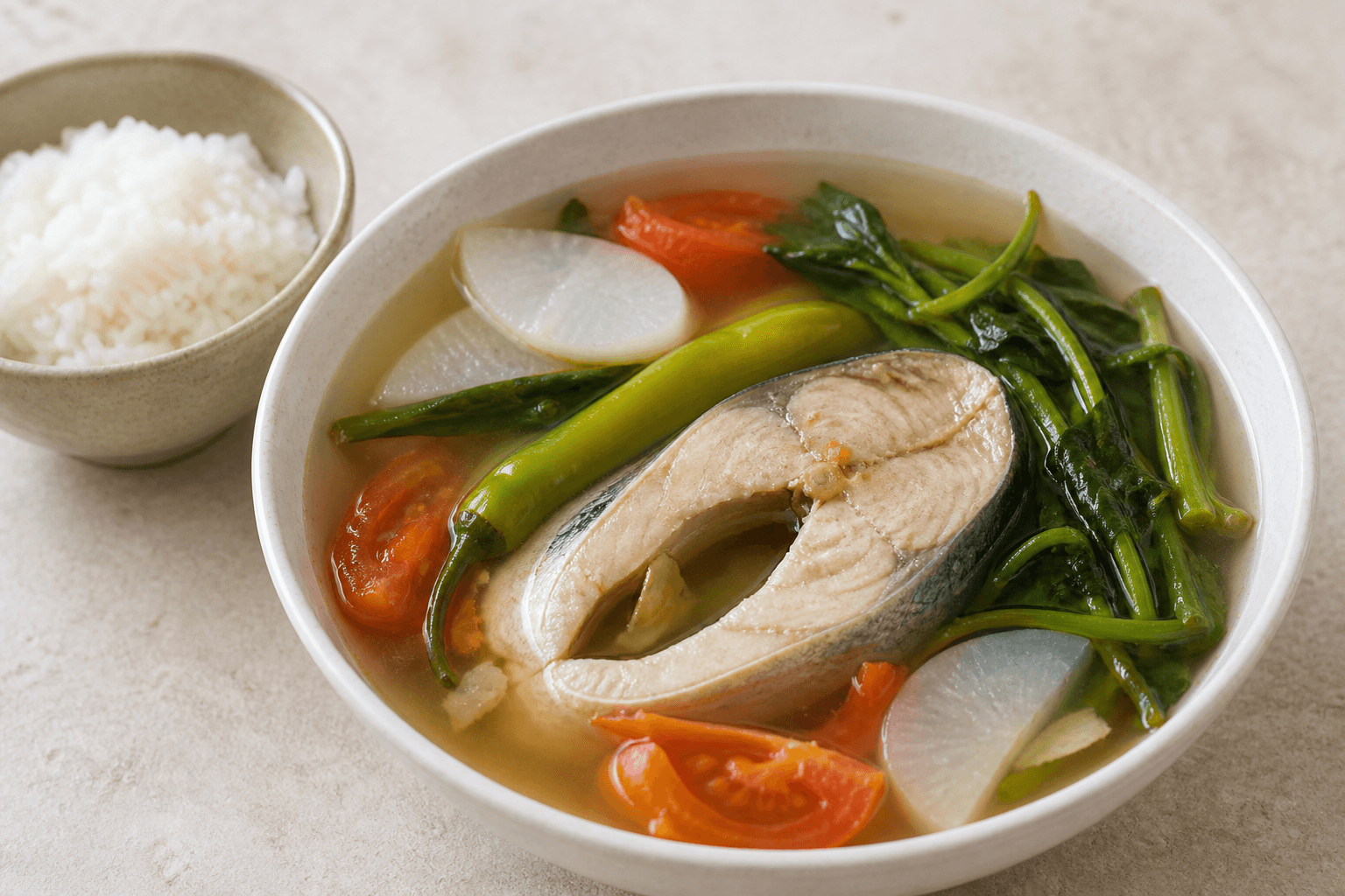 Sinigang na bangus with rice and kangkong